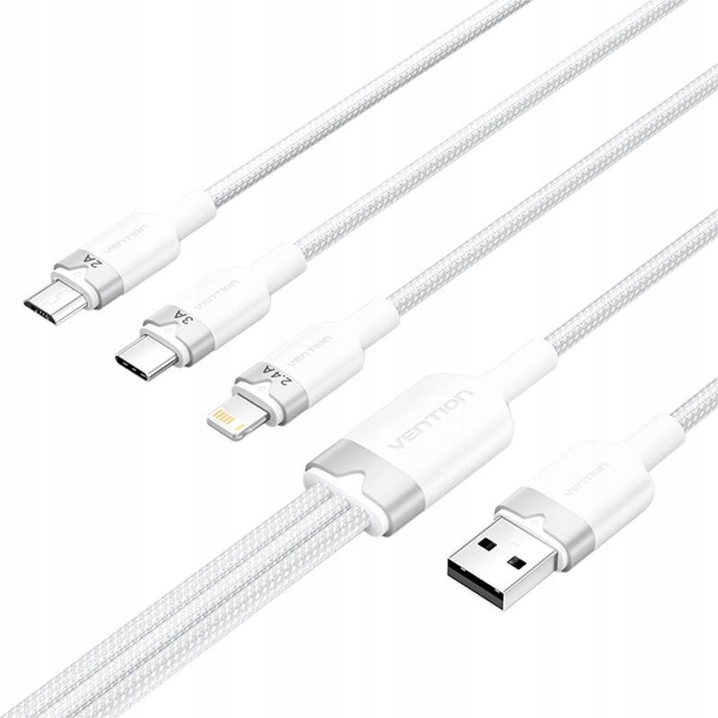 Vention CTPWG 3 viename USBA kabelis su USBC Micro USB ir Lightning jungtimis 3 A 15 m baltas belsilt Vention CTPWG 3 viename USB A kabelis su USB C Micro USB ir Lightning jungtimis 3 A 15 m baltas