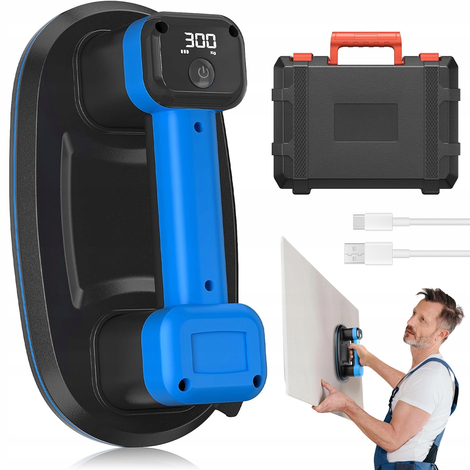 Akumuliatorinis vakuuminis keltuvas plytelėms, stiklui ir akmeniui, iki 300 kg, 3600 mAh, su LCD ekranu