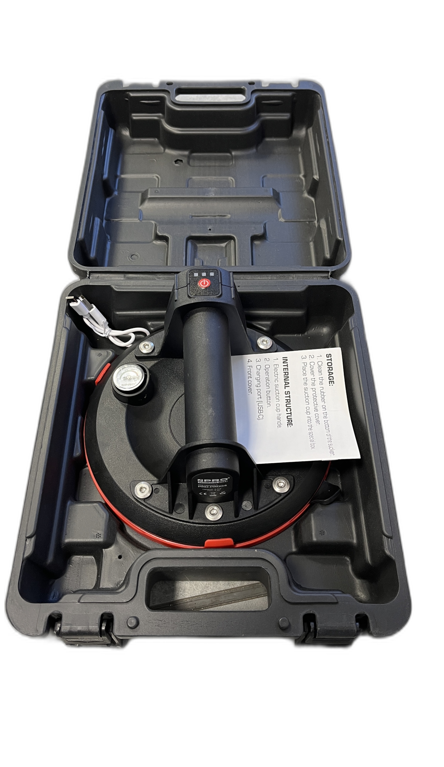 Akumuliatorinis vakuuminis keltuvas stiklui, plytelėms ir akmeniui, PRO PRO-PR004, iki 140 kg, Ø 198 mm, su manometru, su automatiniu vakuumo palaikymu