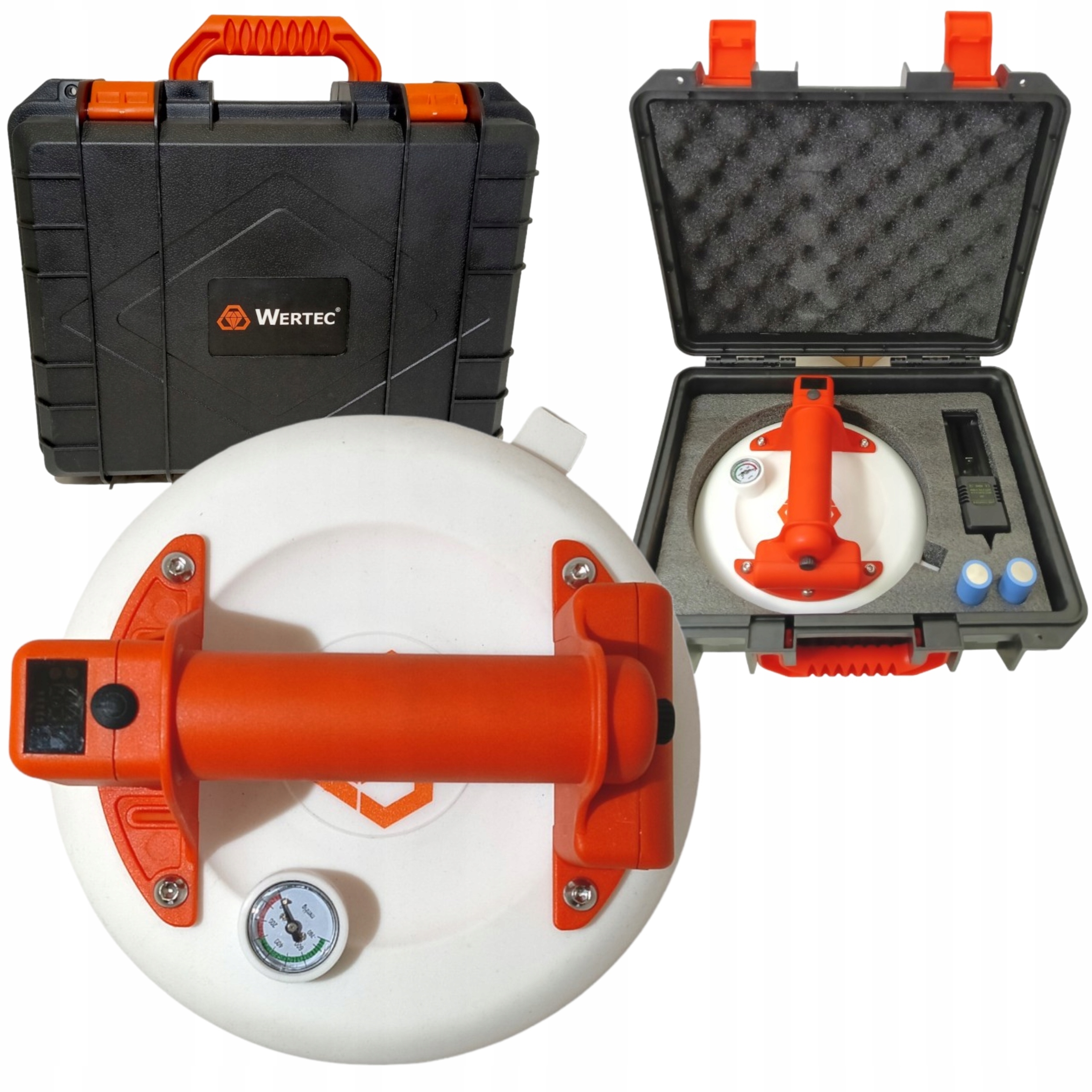 Akumuliatorinis vakuuminis keltuvas stiklui, plytelėms ir akmeniui, WERTEC, iki 190 kg, Ø 210 mm, su manometru, su automatiniu vakuumo palaikymu