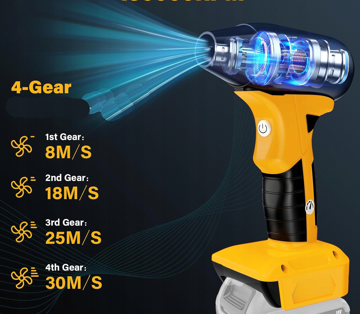 Belaidis mini oro pūstuvas elektronikai ir automobiliui – 130 000 aps./min., 180 W, iki 141 km/val., DeWalt sistemai – produkto nuotrauka