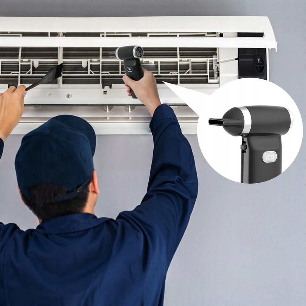Dmuchuś akumuliatorinis mini oro pūstuvas elektronikai ir valymui – 110 000 aps./min., 100 W, su oro antgaliu