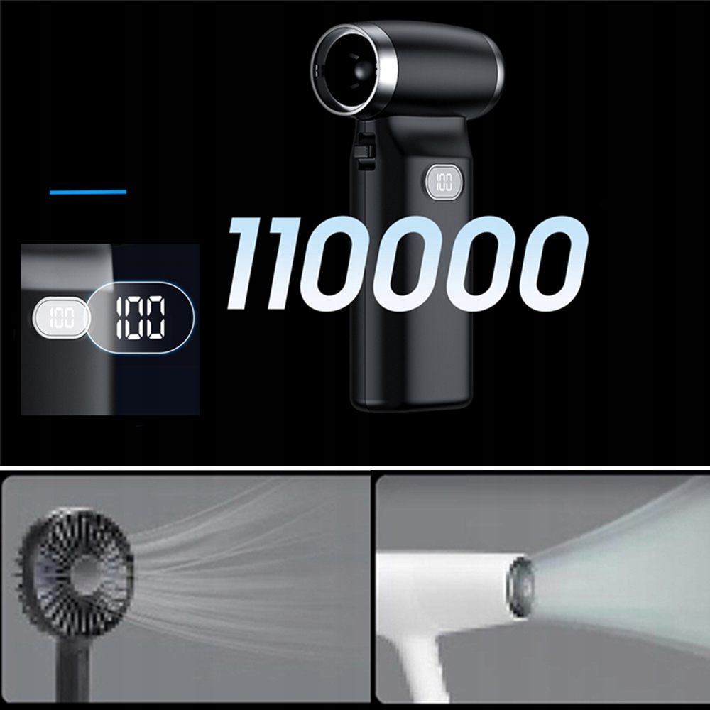 Dmuchuś akumuliatorinis mini oro pūstuvas elektronikai ir valymui – 110 000 aps./min., 100 W, su oro antgaliu