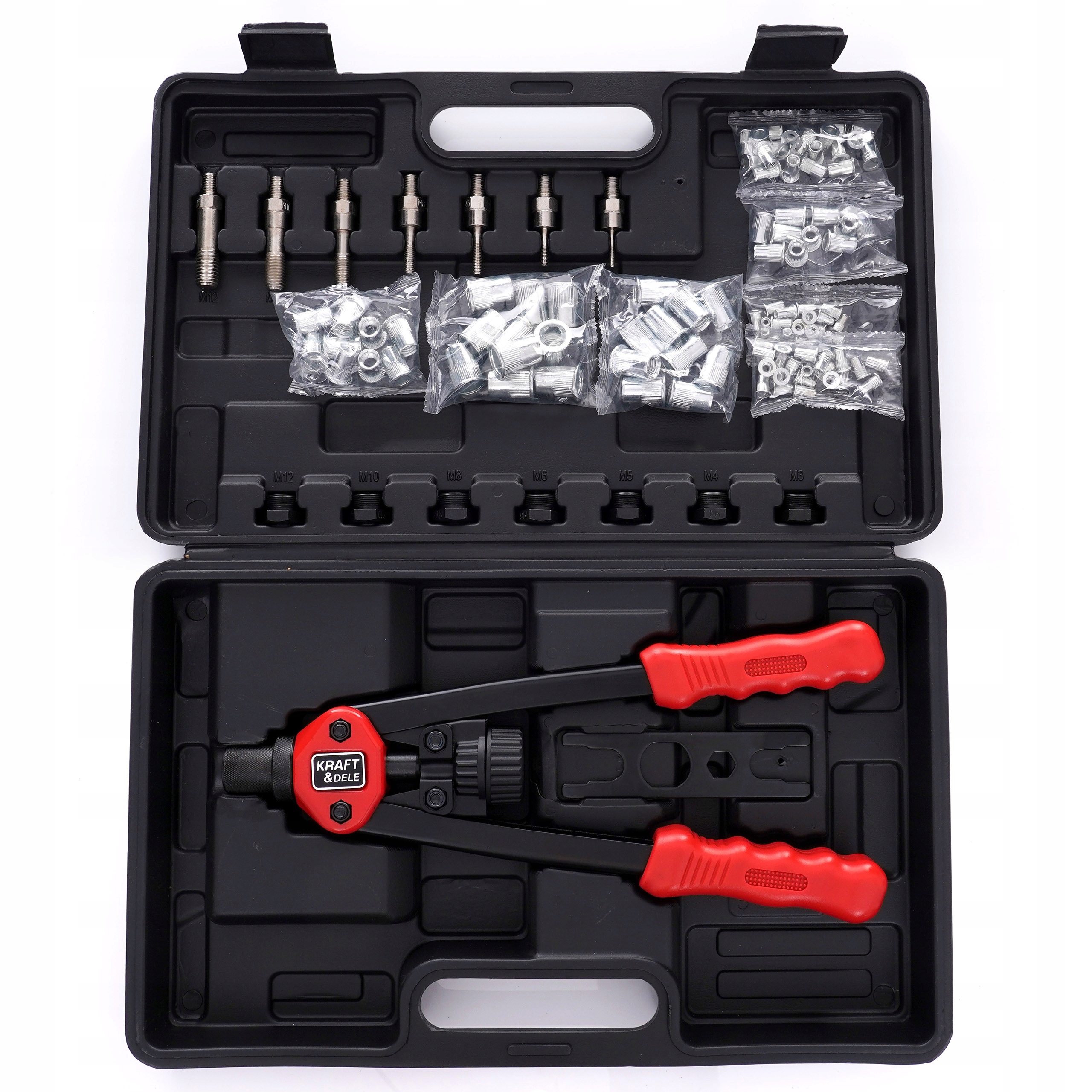 KraftDele KD10556 svirtinis kniediklis veržlėms M3M12 rinkinys belsilt KraftDele KD10556 svirtinis kniediklis veržlėms M3M12 rinkinys