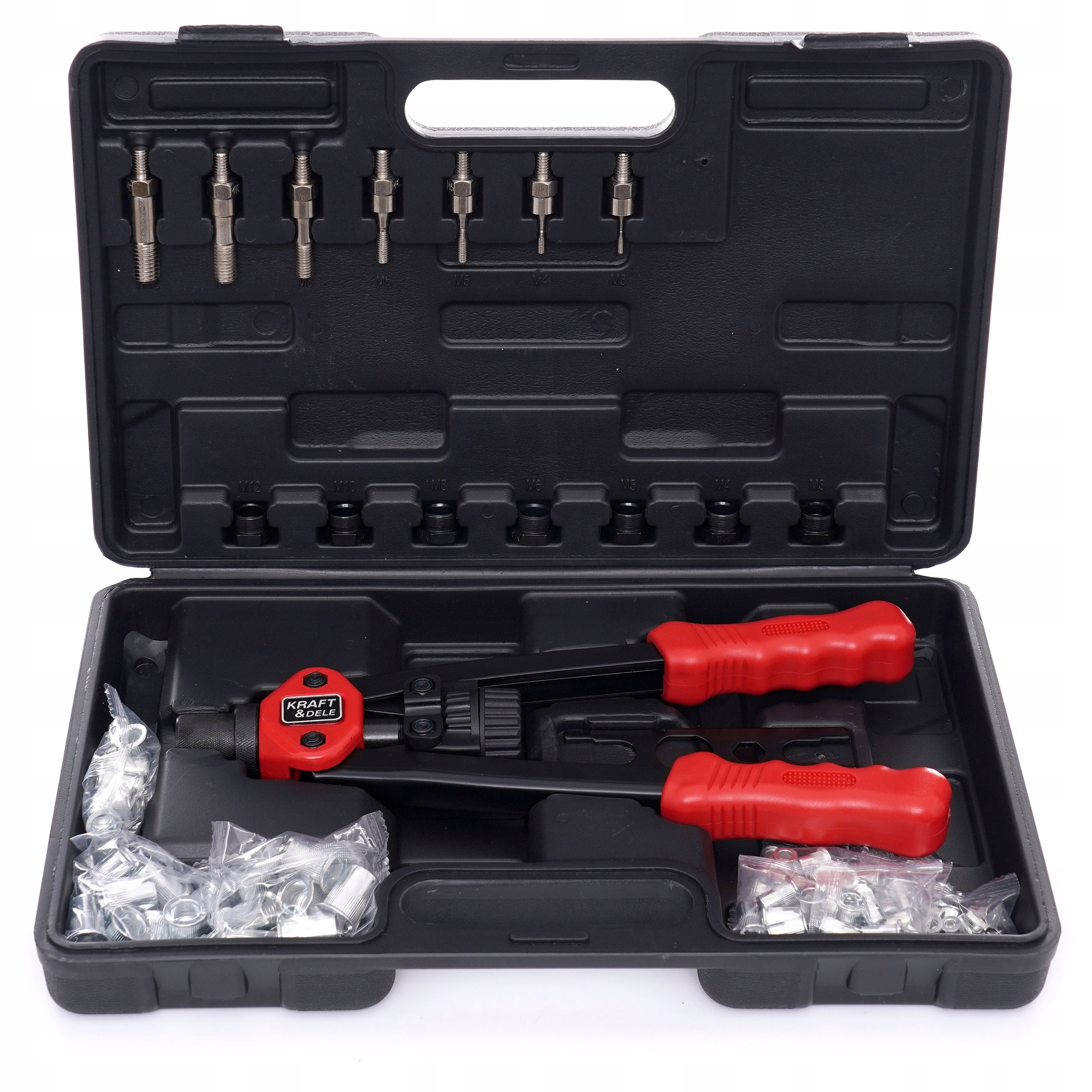KraftDele KD10556 svirtinis kniediklis veržlėms M3M12 rinkinys belsilt KraftDele KD10556 svirtinis kniediklis veržlėms M3M12 rinkinys