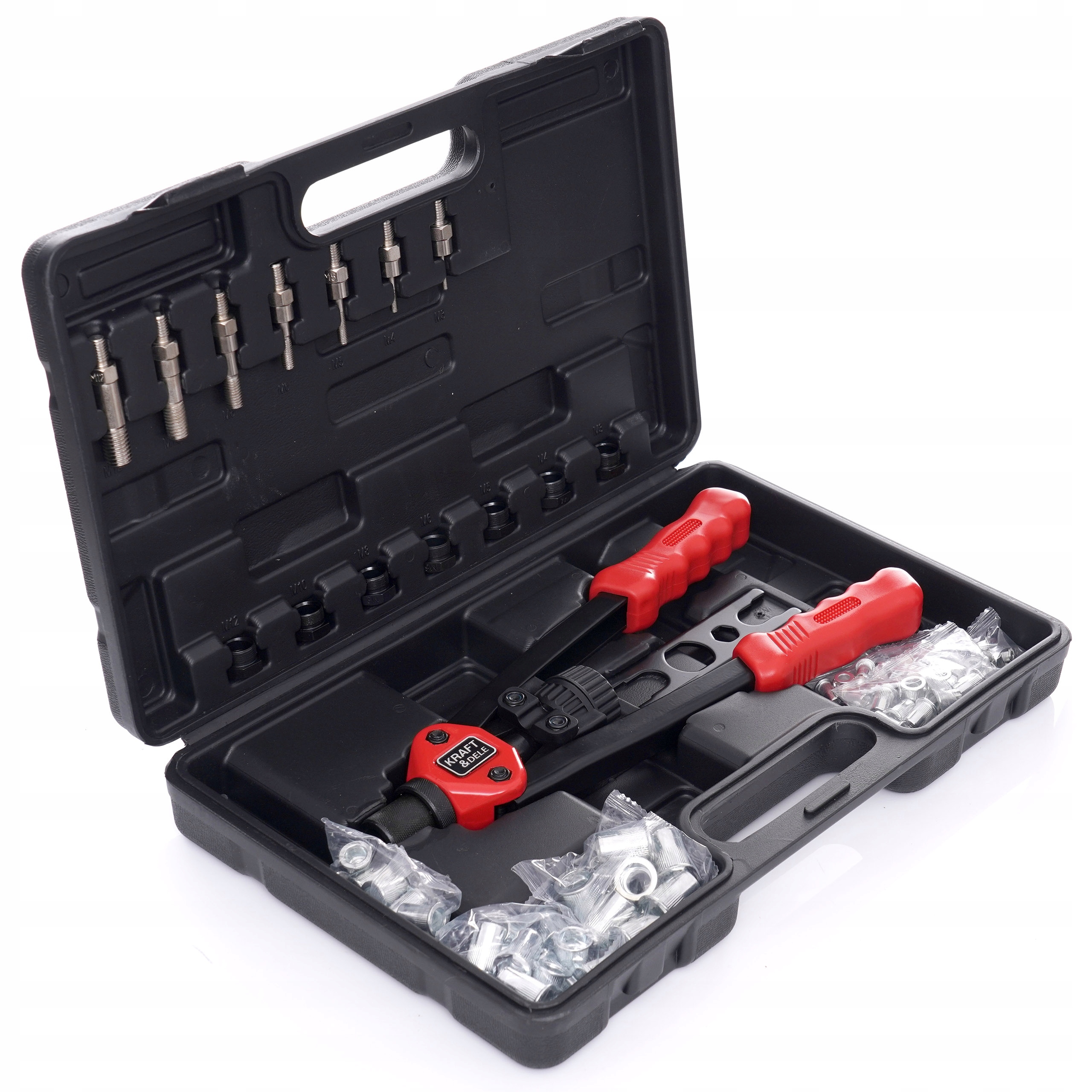 KraftDele KD10556 svirtinis kniediklis veržlėms M3M12 rinkinys belsilt KraftDele KD10556 svirtinis kniediklis veržlėms M3M12 rinkinys