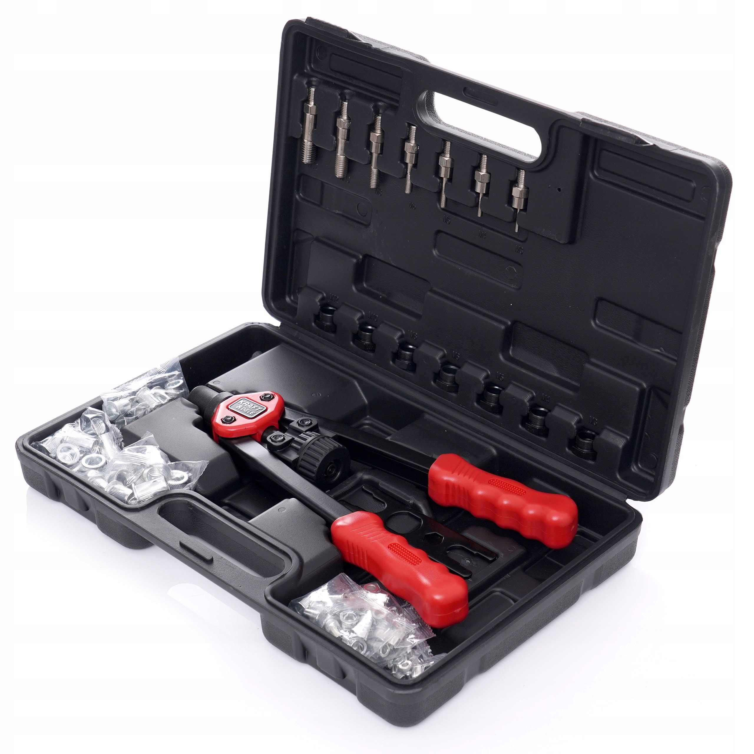 KraftDele KD10556 svirtinis kniediklis veržlėms M3M12 rinkinys belsilt KraftDele KD10556 svirtinis kniediklis veržlėms M3M12 rinkinys