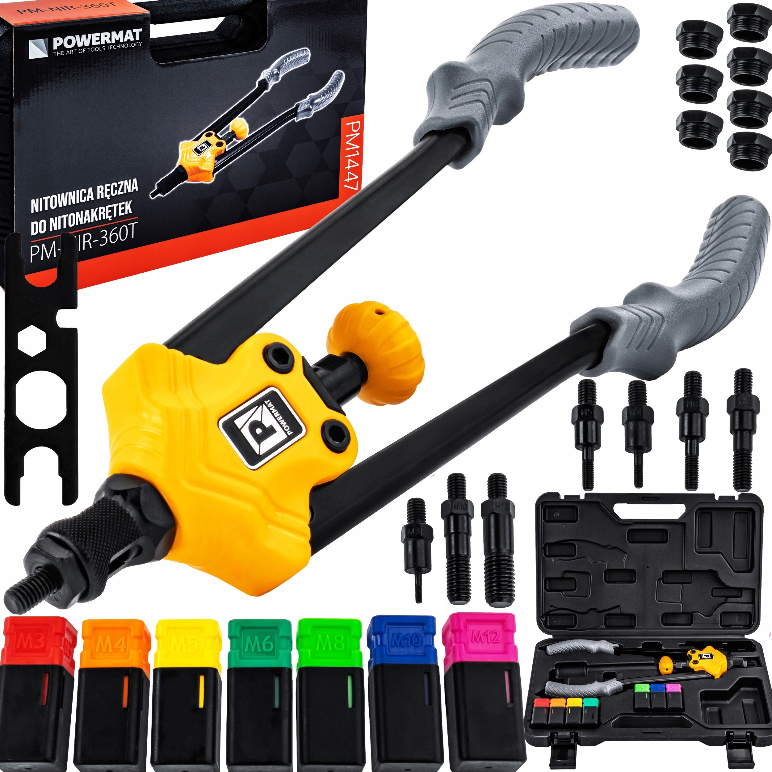 Powermat PMNIR360T žirklinis kniediklis kniedinėms veržlėms M3M12 lagaminas belsilt Powermat PM NIR 360T žirklinis kniediklis kniedinėms veržlėms M3M12 lagaminas