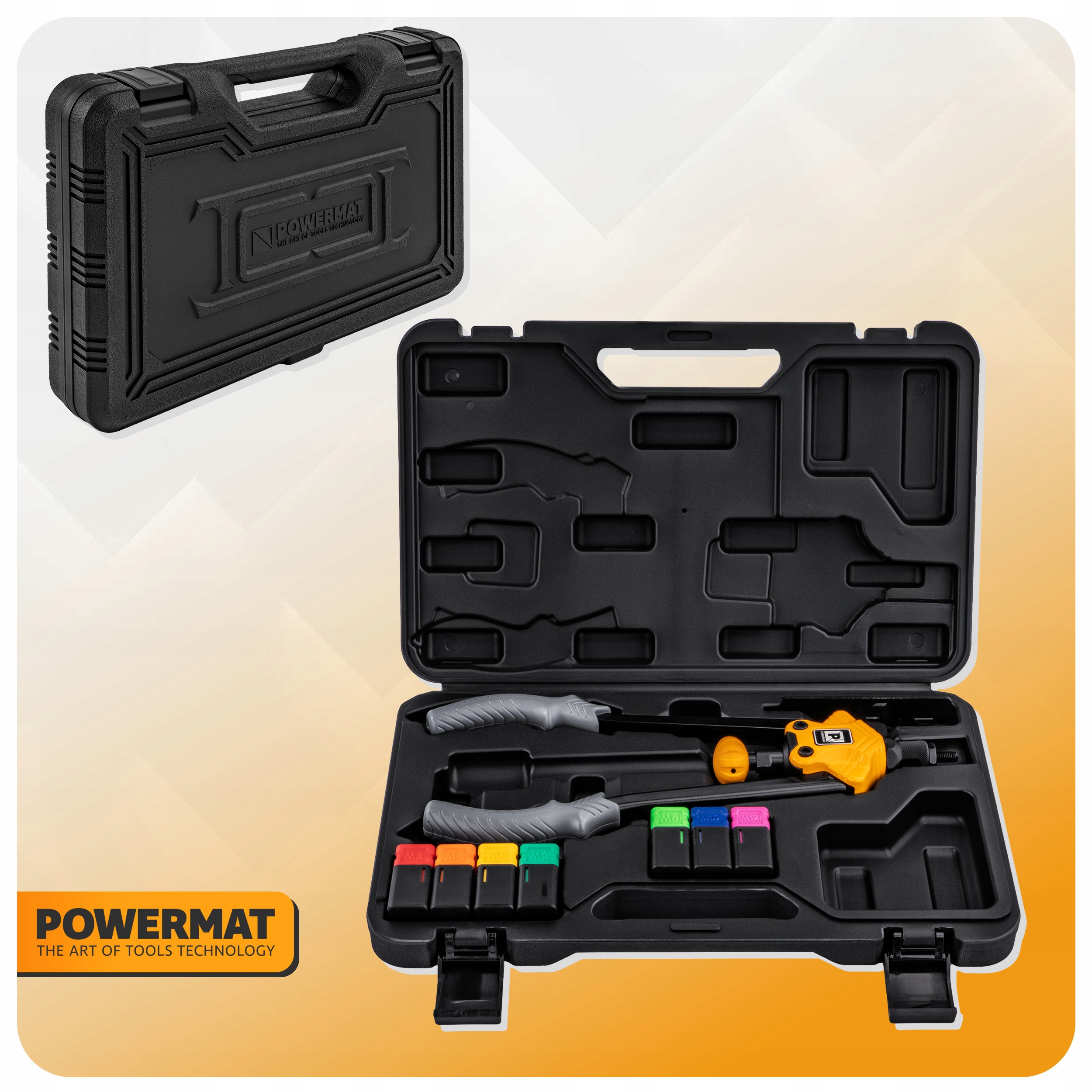 Powermat PMNIR360T žirklinis kniediklis kniedinėms veržlėms M3M12 lagaminas belsilt Powermat PM NIR 360T žirklinis kniediklis kniedinėms veržlėms M3M12 lagaminas
