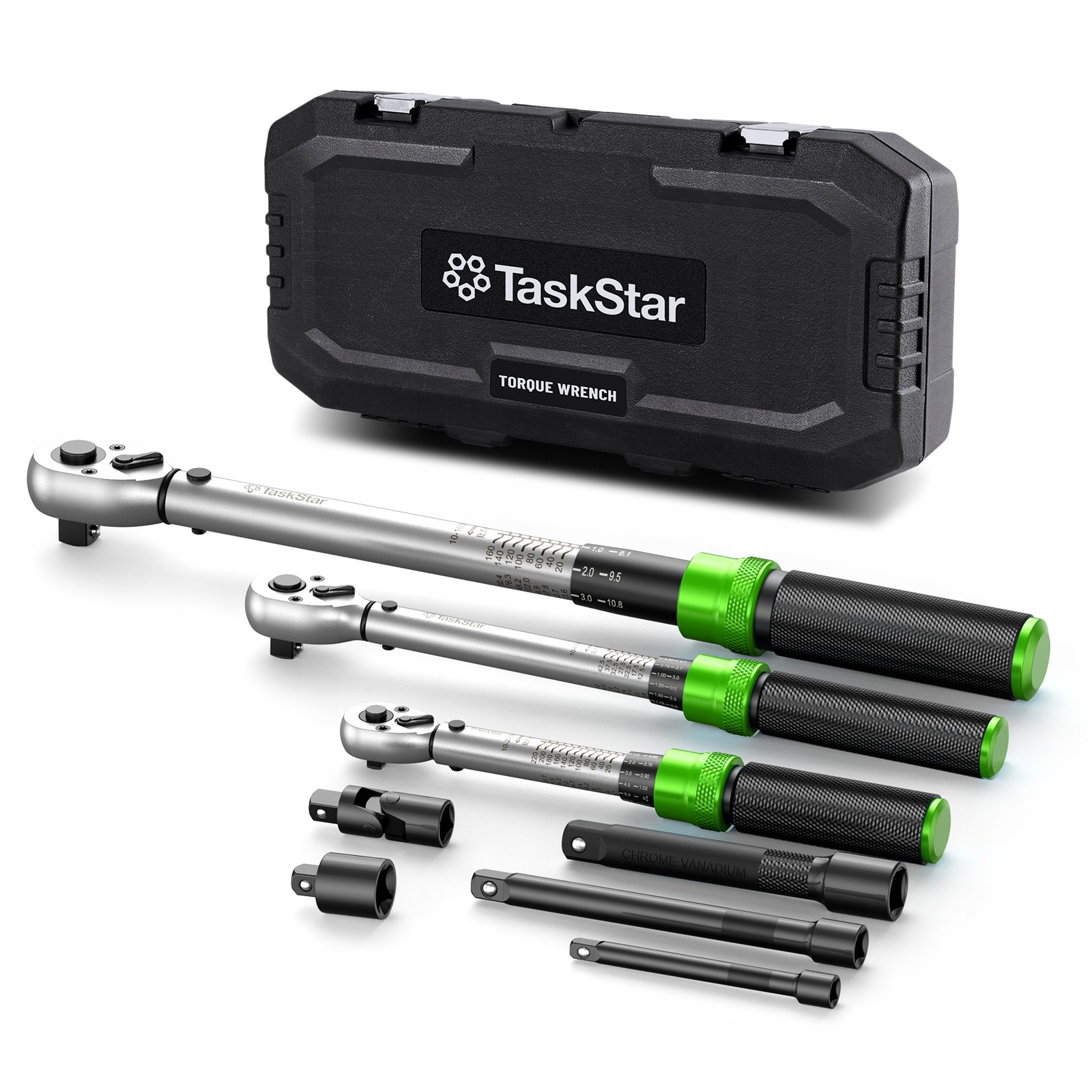 TaskStar dinamometrinių raktų rinkinys su adapteriais, 3 vnt. – nuotrauka 2